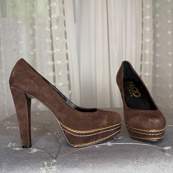 Paco Gil Brown Suede Welty Topstitched Platform High Heel Pumps Size 5.5 W - Picture 2 of 11